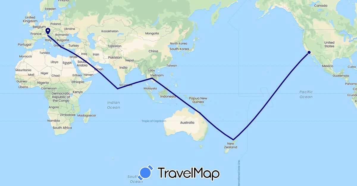 TravelMap itinerary: driving in Australia, Greece, Italy, Cambodia, Maldives, New Zealand, United States (Asia, Europe, North America, Oceania)